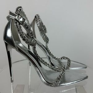JESSICA RICH LUXE EMBELLISHED RHINESTONE CHAIN ANKLE STRAP HIGH HEEL SANDALS